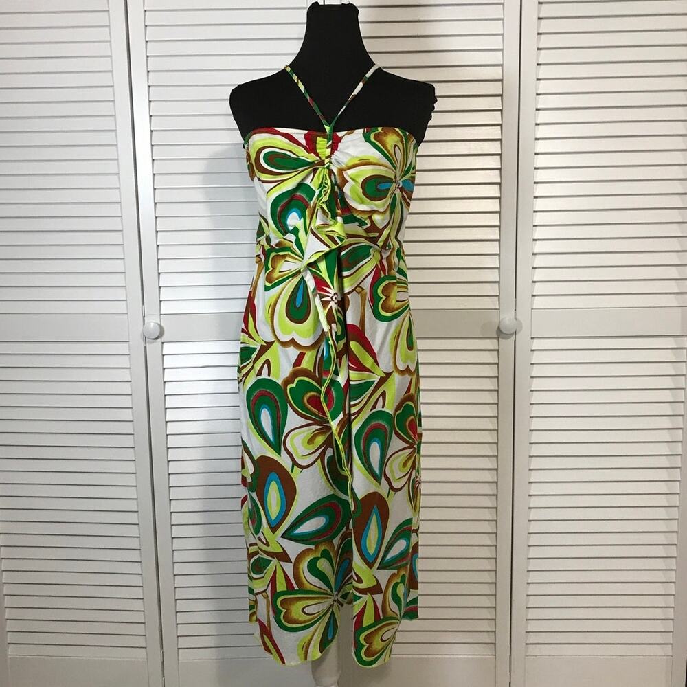 Tiki Palm Psychedelic Tropical Floral Halter Empire Waist Midi Dress XL